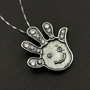 Sterling Silver‎ Smiley Hand CZ Pendant Necklace Fun Artisan Oxidized Silver